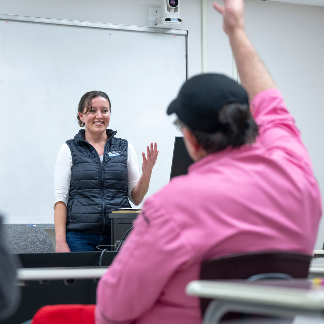 Doctor Brianna Hughes, Vice President of Operations, Supply Chain, & Quality at The Town Dock speaking at the University of Maine. 