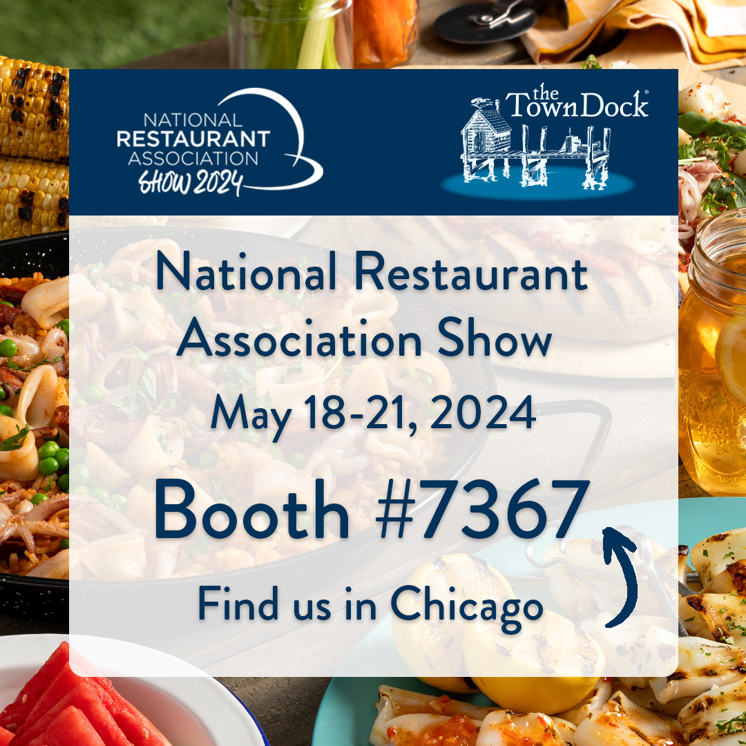 Hero of plated calamari dishes with Town Dock and National Restaurant Association Show Logo.