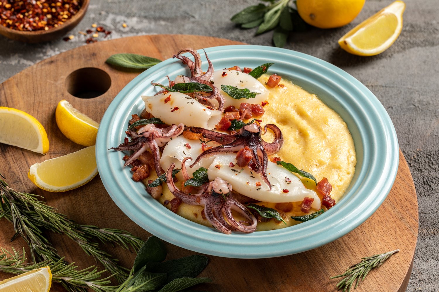 Recipe: Rosemary Pancetta Calamari with Parmesan Polenta