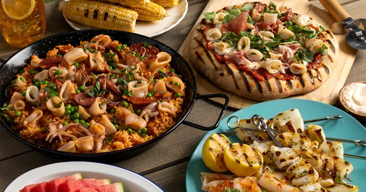 Summer BBQ with Calamari - paella, grilled pizza, and grilled calamari skewers