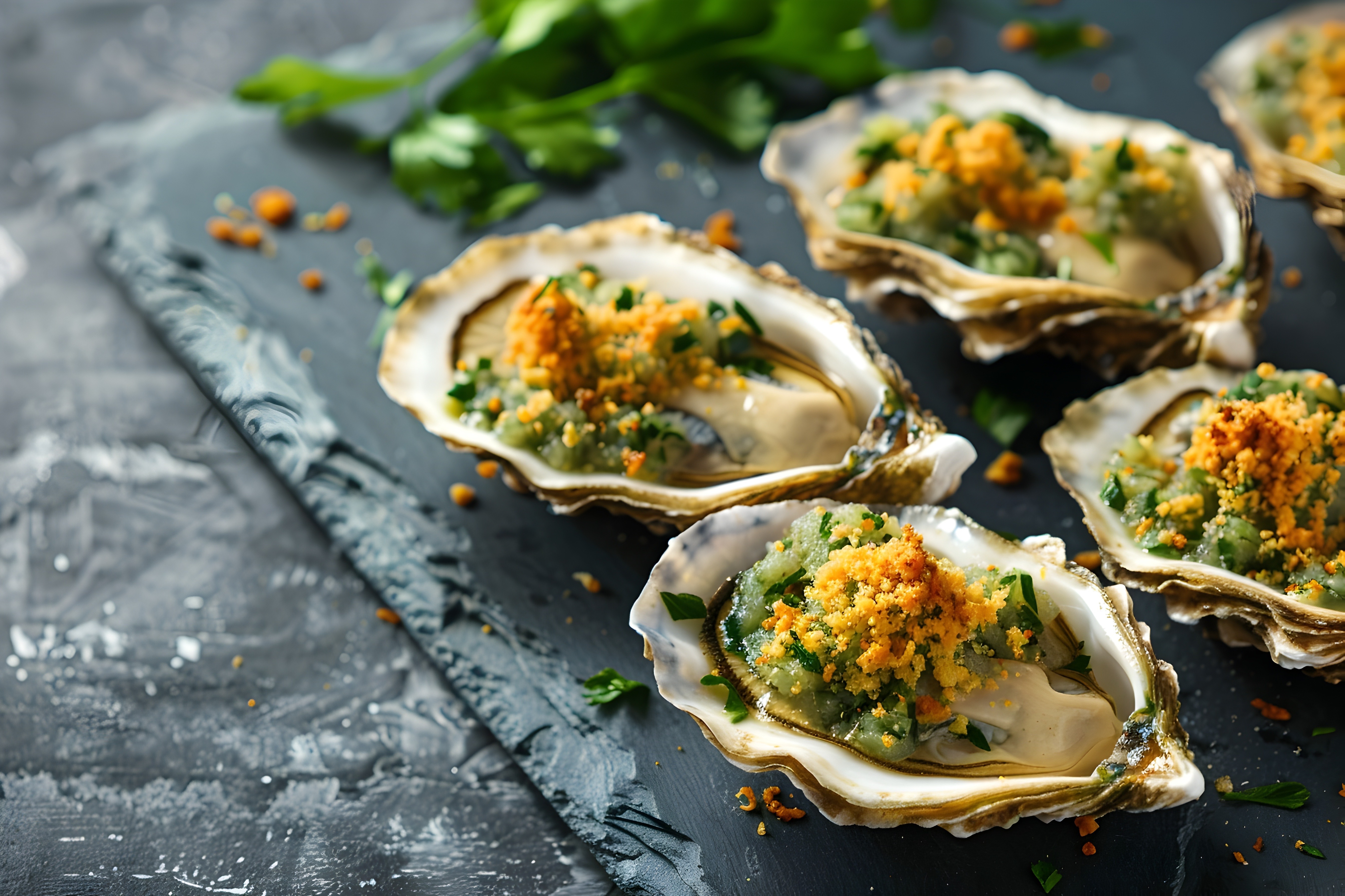 Oysters Rockefeller on a slate rectangular plate. This image was AI generated as an example of oyster usage.